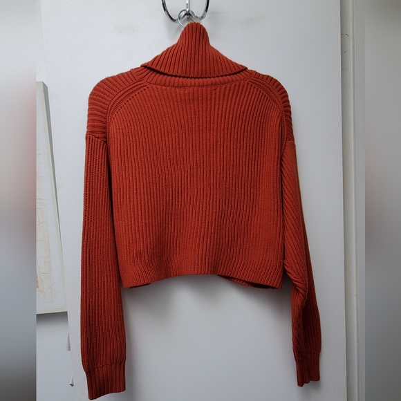Babaton Rust Orange 100% Merino Wool Ribbed Chunky Cropped Cowlneck Sweater S